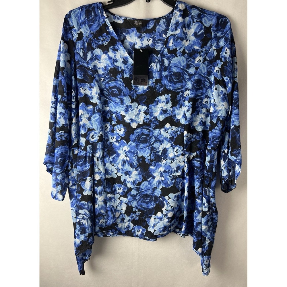 Slim Factor by‎ Investments Women's Top Plus Size 1X  Floral V-Neck Blue A51
